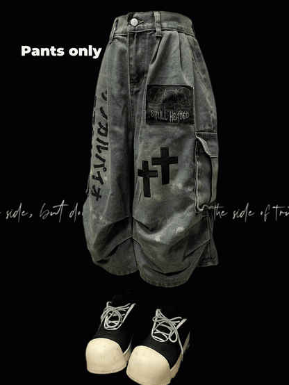 Light Wide-leg Appliques Cross Punk Blue Distressed Wasteland Jeans Cargo