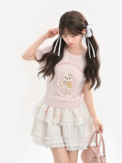 Pink Yume Adorable T-Shirt Bunny Applique Round Neck Kawaii