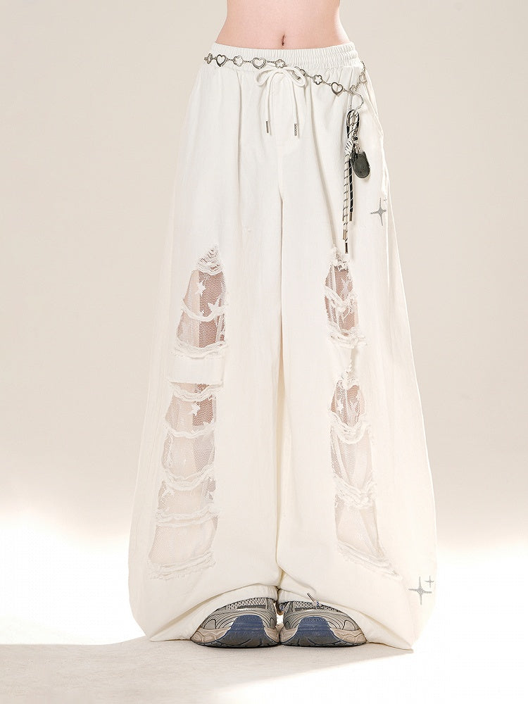 Weiße Jeans mit weitem Bein und Kordelzug in der Taille