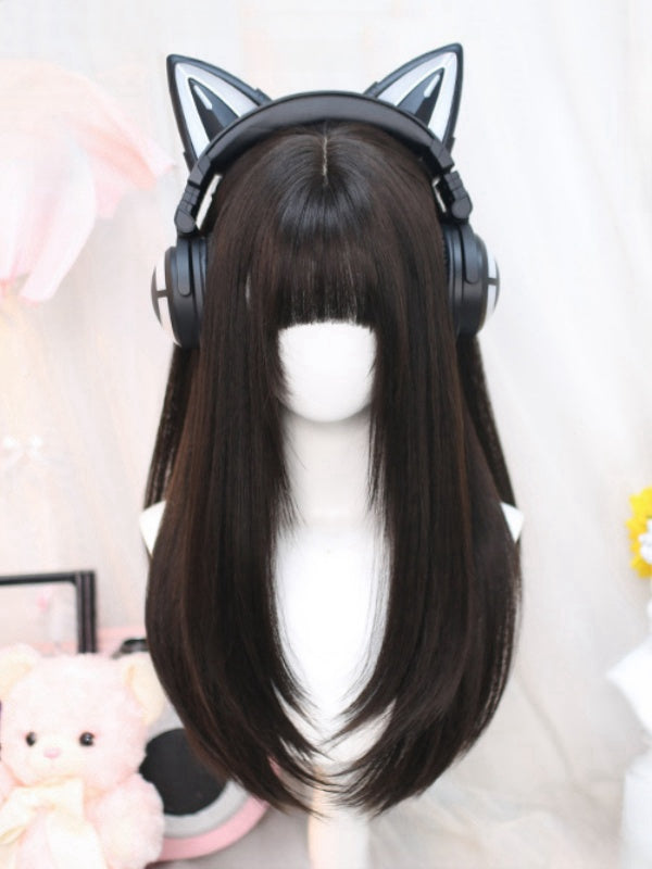 Schwarzer Tee, 60–65 cm lange, glatte Perücke mit Pony