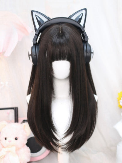 Schwarzer Tee, 60–65 cm lange, glatte Perücke mit Pony