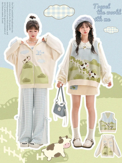 グリーン牧草地牛柄ニットベスト