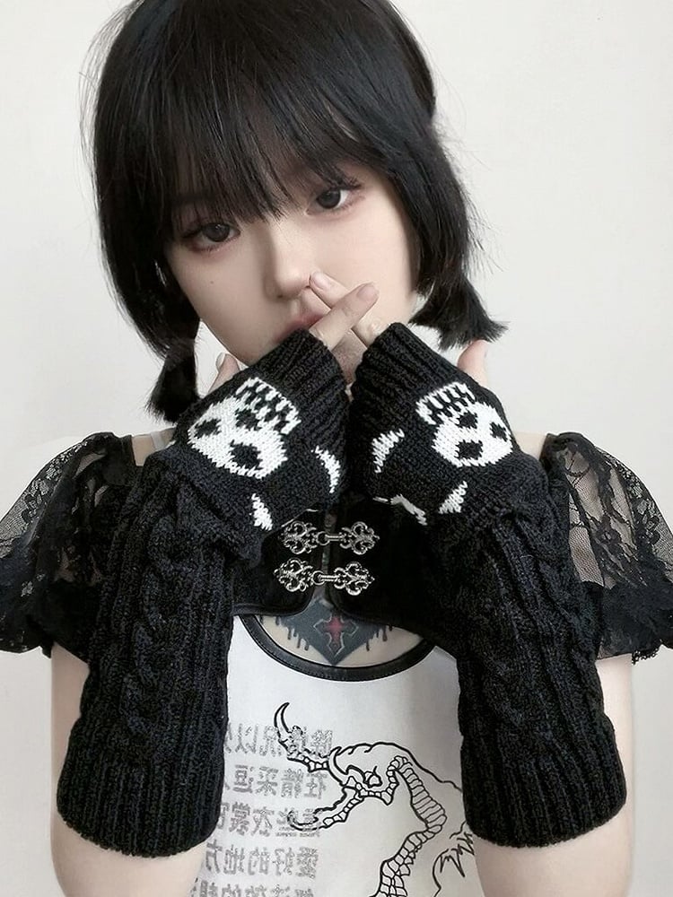 Long Dark Knit Black Gloves Gothic