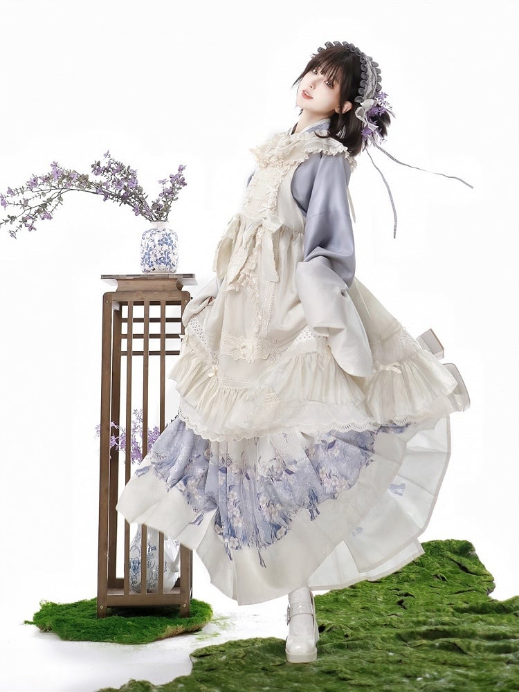 Cross-Collar Skirt Set Apron + Ruffled Top Print Trimmed Floral Purple White Lace Lolita Beige