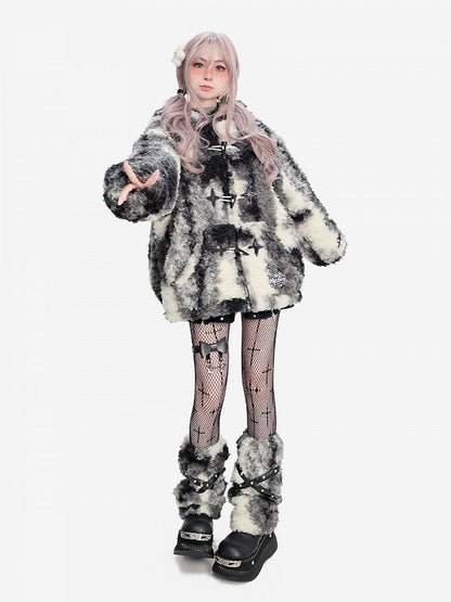 Coat with Adorable Bunny Ears and Crossed Strap Sleeves Beige Black Plush Faux Fur Hooded Duffle