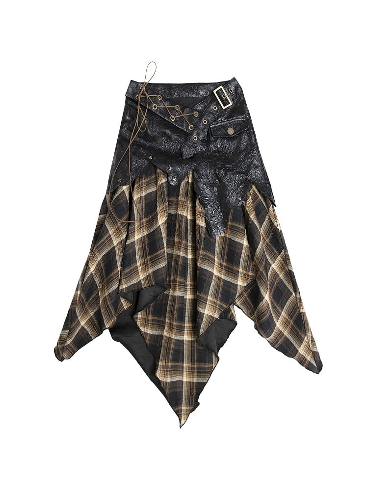 Corset Dress/Skirt: PU Studded Black 2-in-1 Hem Plaid Handkerchief Convertible Strapless