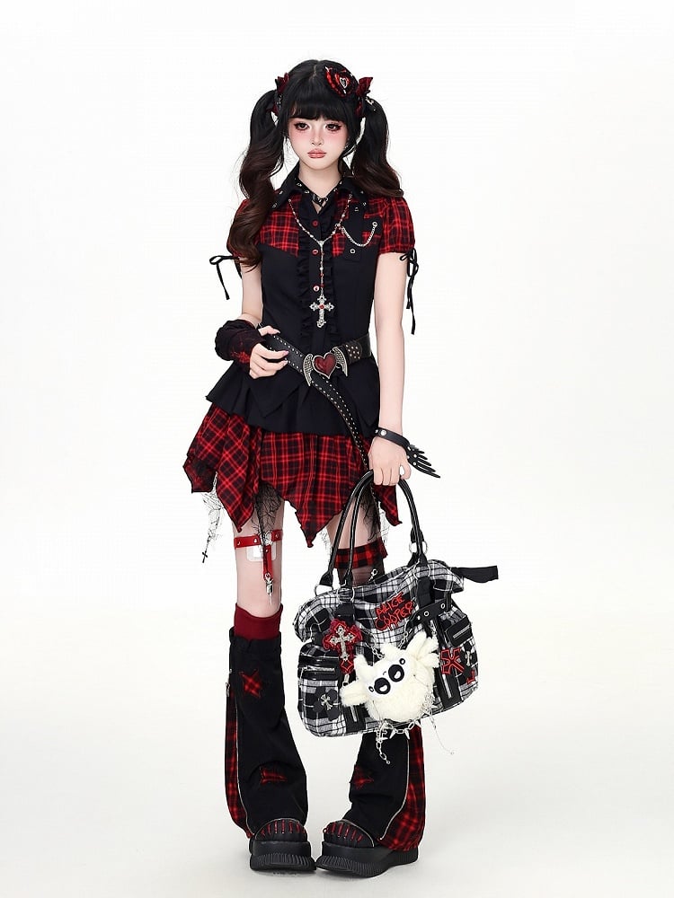 Sweet Edgy Kawaii Red Black Plaid Asymmetrical Hem Skirt - CRAZY GIRL