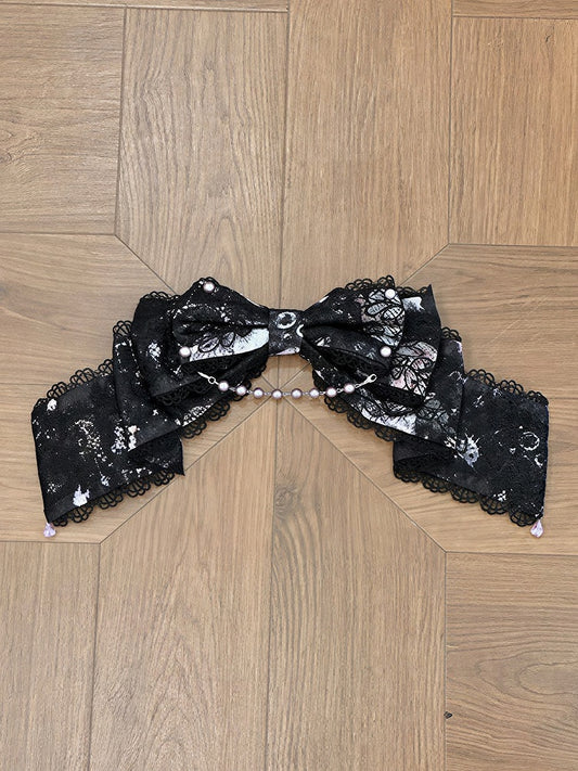 Black/Dark Blue/Light Purple Sweet Lolita Large Bow Hairclip with Bead Chain - Meng Fu Zi