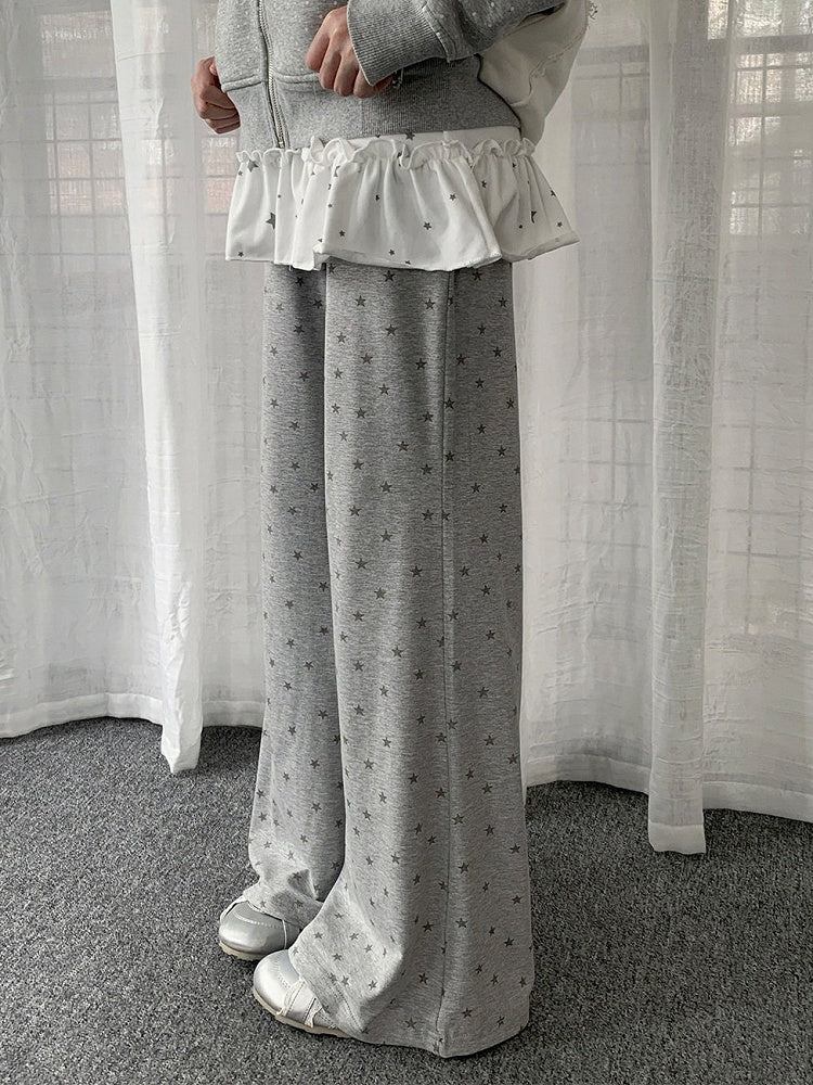 Two Tone Casual Straight Leg Star Print Pants - Solkatt