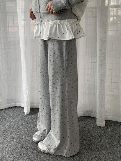 Two Tone Casual Straight Leg Star Print Pants - Solkatt