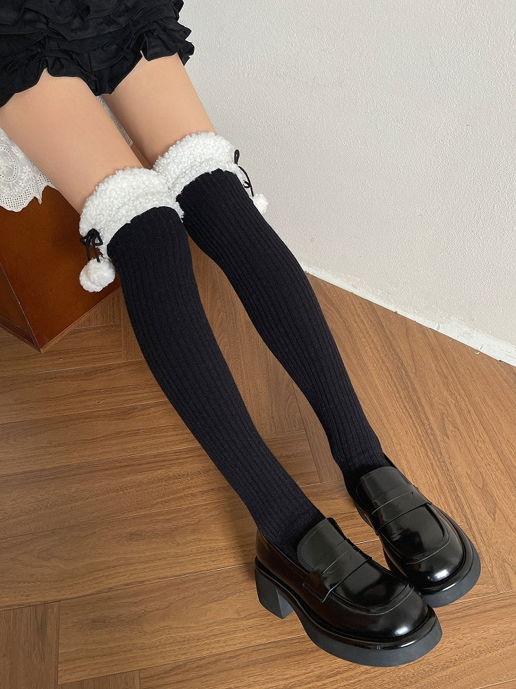 Stockings Ribbed with Pom-Poms Sherpa 5-Color Cuff