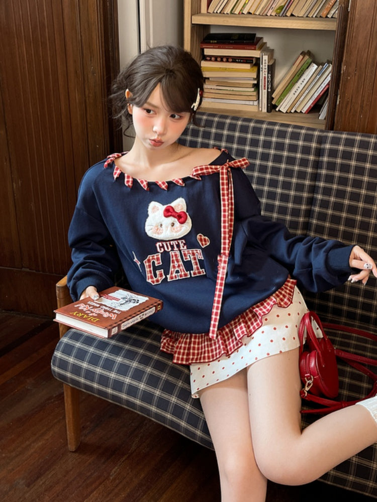 Red Asymmetrical Neckline Kitty Embroidery Applique Navy Plaid Self-tie Sweatshirt Straps at Blue