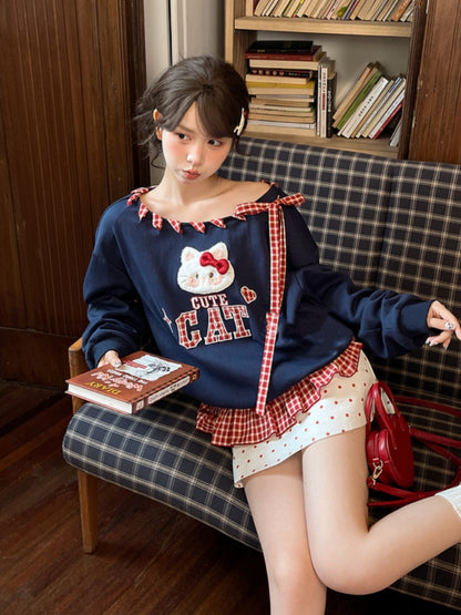 Red Asymmetrical Neckline Kitty Embroidery Applique Navy Plaid Self-tie Sweatshirt Straps at Blue