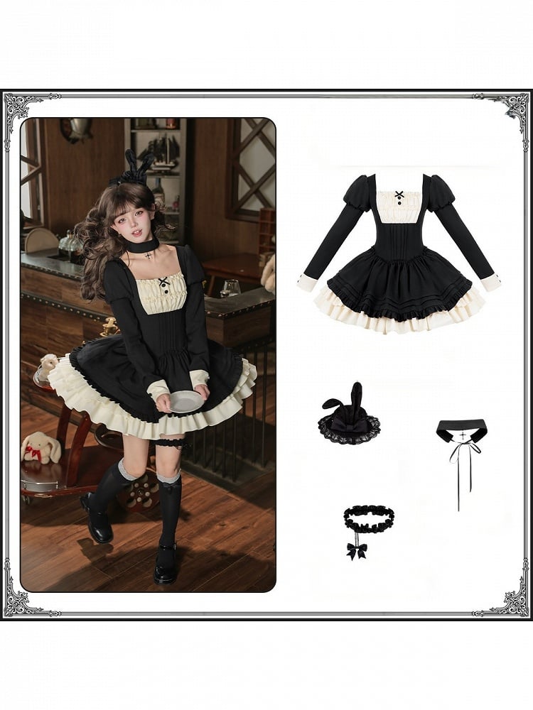 Elegant Black OP Dress Set with Ruffle Square Neckline, Mini Hat, Choker & Leg Ring - With PUJI