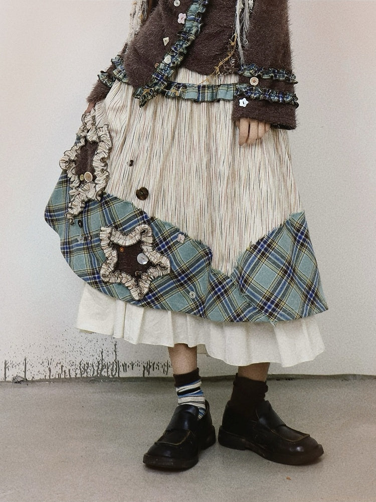 Bohemian Midi Skirt: Patchwork Green with Beige Kei Plaid Vintage Appliques Star Mori