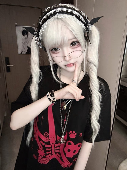 Red Guitar Print Rock Punk Black and Jirai Kei T-Shirt with Guitar Pick Necklace