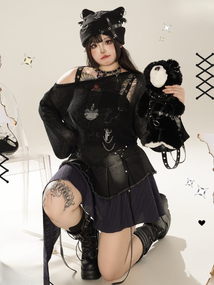 プラスサイズ ブラック ダメージ加工 ホールズ ニット トップス チェーン付き