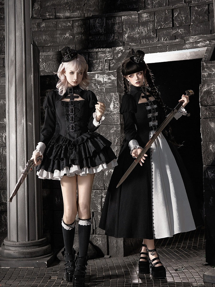 Gothic Lace-Up Lolita OP Gown with Metal Buckle, Short Version and Mini Hat Set - With PUJI