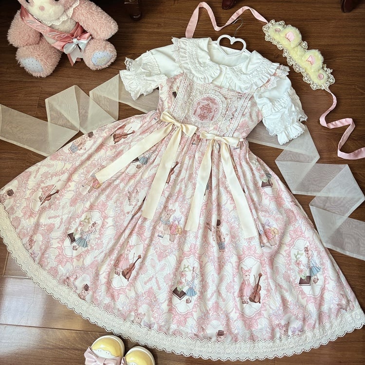 Light High Violin Lolita Bunny and Yellow Waist Print Dress Sweet JSK