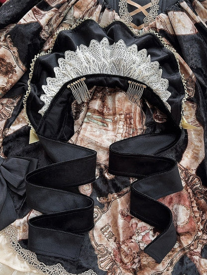 ワインベルベットレッド/ブラック+マットボンネット4つの蝶結びブローチトリムレース