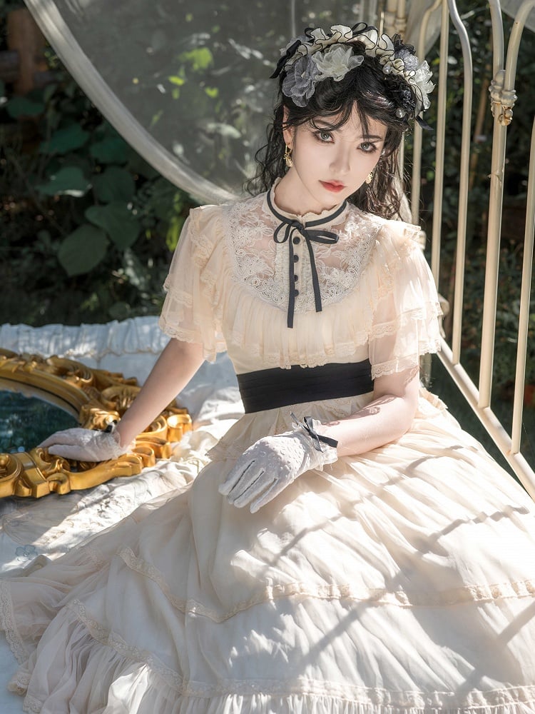 Beige Illusion Neck Classic Lolita Gown - Button Bear