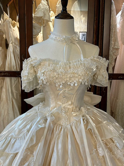 Blooming Hime Layered Lace Dress Lolita Accents Flower with Fluffy Champagne Waist Basque