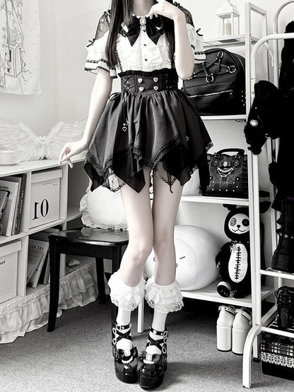 Monochrome Jirai Kei Lace Cutout Shoulder Batwing Sleeve Blouse with Bow Tie - Dream Core Waves