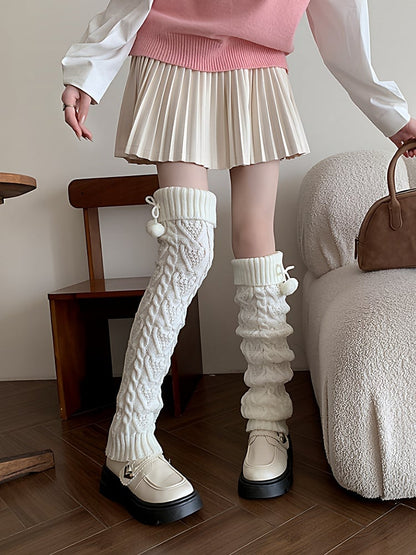 Heart Cable-Knit Pom-Pom Leg Warmers - Kawaii Fairy Kei & Sweet Lolita Accessory, 4 Colors
