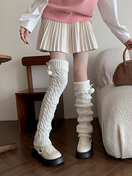 Heart Cable-Knit Pom-Pom Leg Warmers - Kawaii Fairy Kei & Sweet Lolita Accessory, 4 Colors