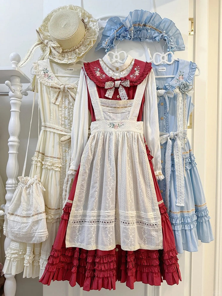 Embroidered Apron Floral Lolita Beige