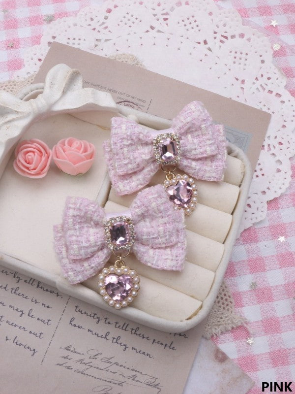 Jirai Tweed Charm Bowknot Heart 6 Hairclip Rhinestone Color Kei Options
