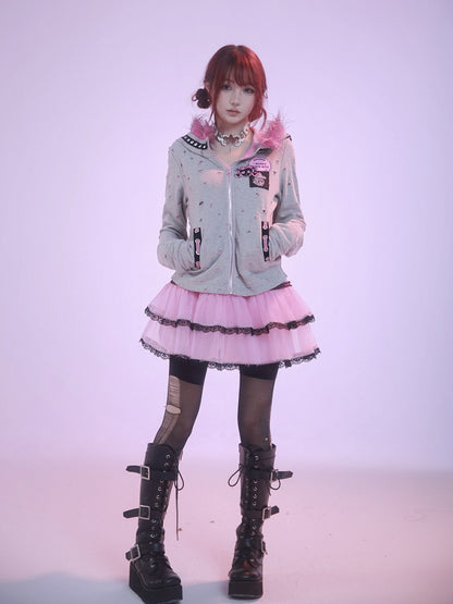 Punkgrauer Oversize-Kapuzenpullover mit Hasenohren