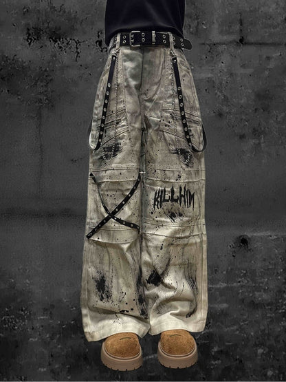 Jeans with Wasteland Strap Cargo Yellow Punk Design Tie Crossed Straight-Leg Dye