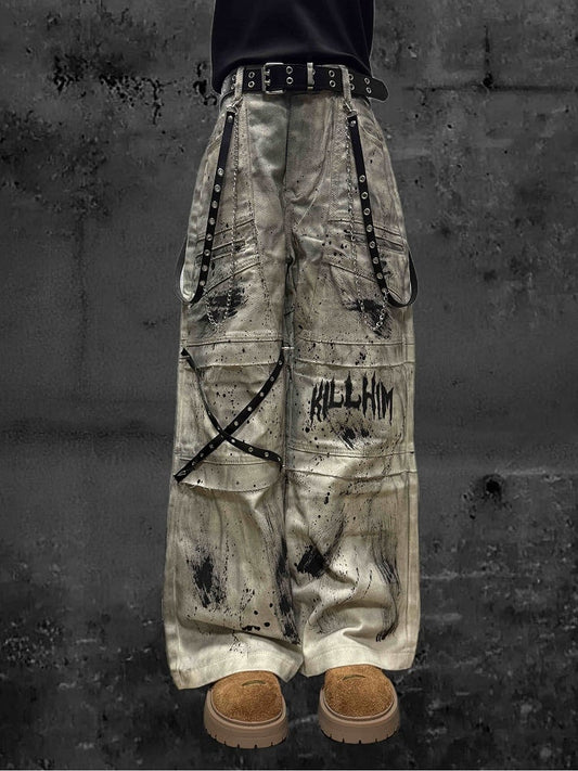 Jeans with Wasteland Strap Cargo Yellow Punk Design Tie Crossed Straight-Leg Dye
