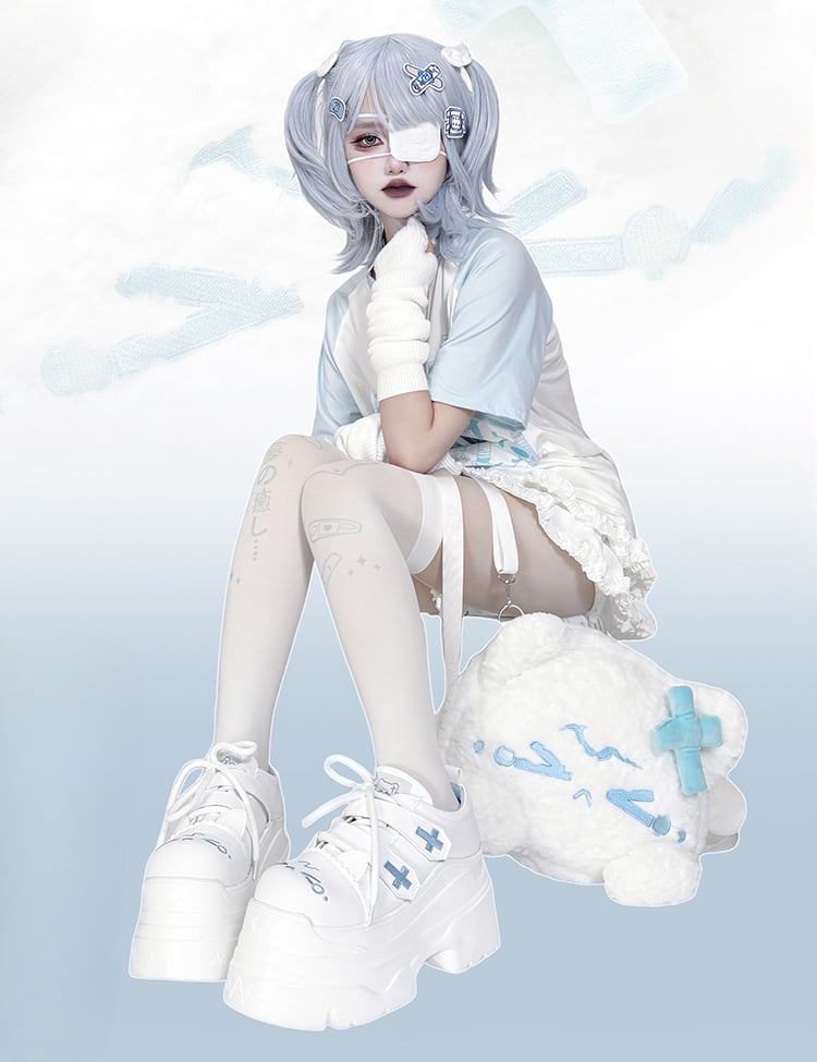 Yami Kawaii Matte White Cross Velcro Strap Kitty Ears Platform Shoes
