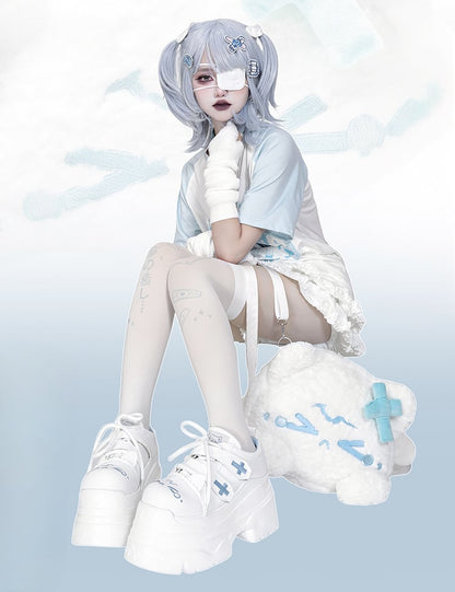 Yami Kawaii Matte White Cross Velcro Strap Kitty Ears Platform Shoes