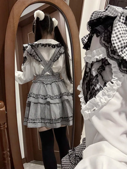 Jirai Kei Coord Set: Black Plaid Tiered Susender Skirt & White Heart Rhinestone Blouse