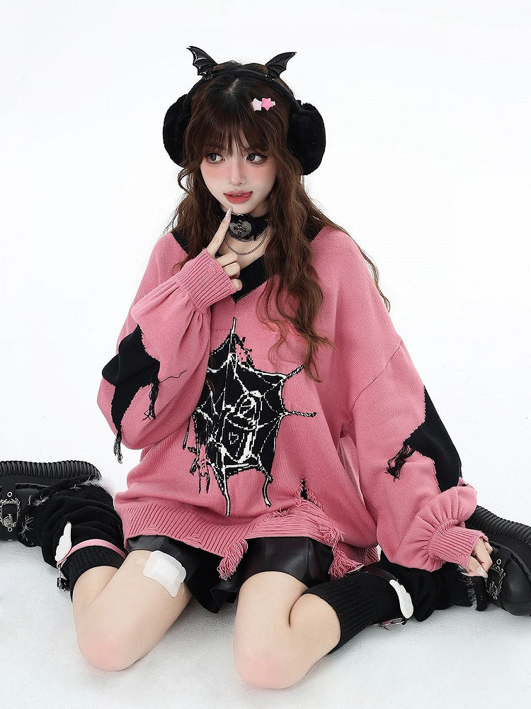 Web Spider Holes Pattern Sweater Hem Distressed Pink