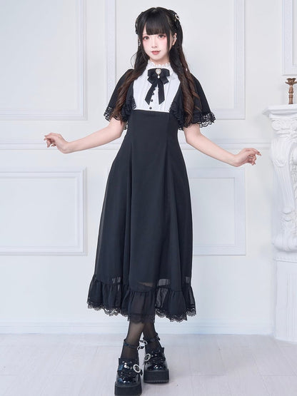 Spitze und zartes Kei mit passender schwarzer Brosche, langes Kleid, weißer Knöchel-Jirai