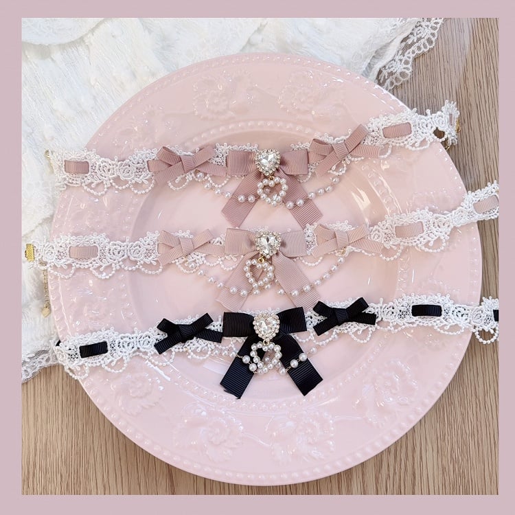Heart Lolita Choker 9 Rhinestone Kei Chain Colors Bow | Jirai Bead