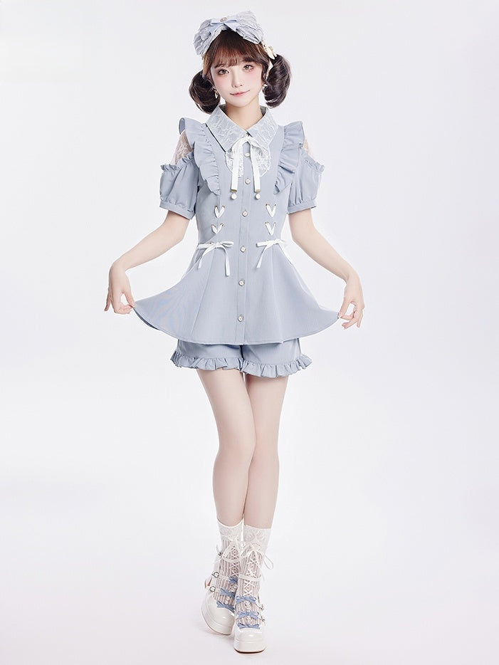 Coord Shorts with Kei Lace Set: Top Alice Cut-Out Brooch Bow Jirai Shoulder Blue