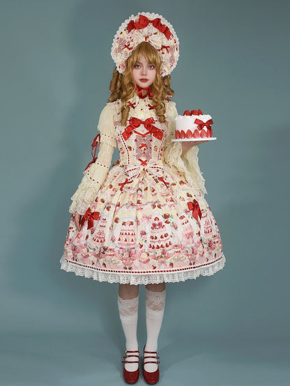 Bow Yellow and Desserts Accents Set Print Strawberry / Full Lolita Sweet JSK