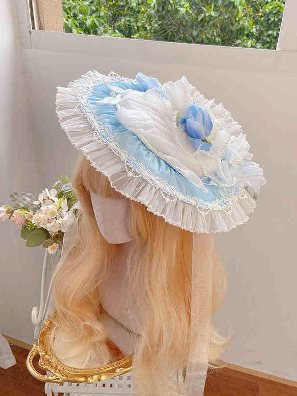 Decorated Tulip Blue Hat Flat Lolita / Green Pink