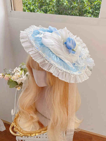 Decorated Tulip Blue Hat Flat Lolita / Green Pink