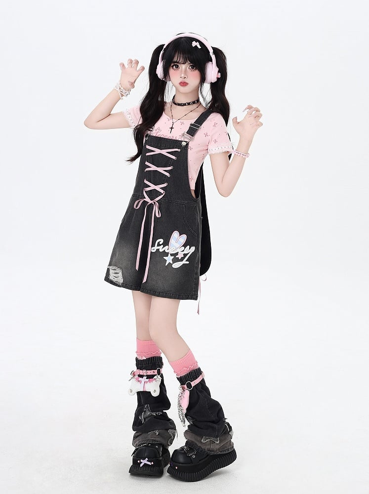 Black Bunny Ears Design Back Adorable Lace-up Denim Overall Shorts