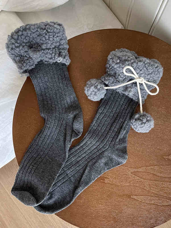 Lolita-Baumwollsocken mit Fleece-Bündchen und Pompons