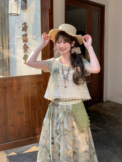 Light Green Mori Neck Lace Kei Round Neck Trim T-Shirt Halter