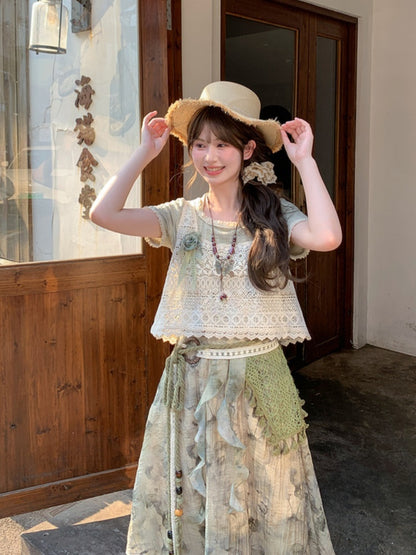 Kei Halter Mori Green Neck Lace Light Trim T-Shirt Round Neck