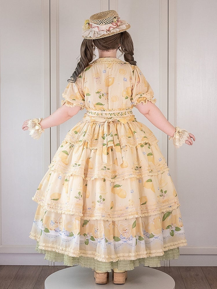 Button Chick Placket Skirt and Lolita Sleeves Short Print Yellow Front Lemon Dress Tiered