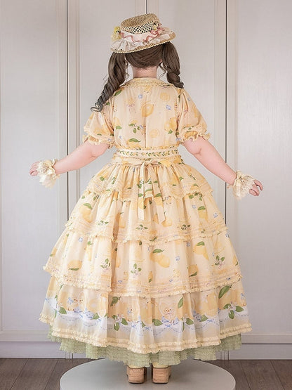 Button Chick Placket Skirt and Lolita Sleeves Short Print Yellow Front Lemon Dress Tiered